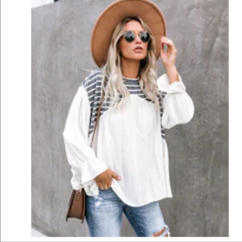 Vici THML Gray & Cream Striped Mixed Media Linen Knit Long Sleeve Top Medium